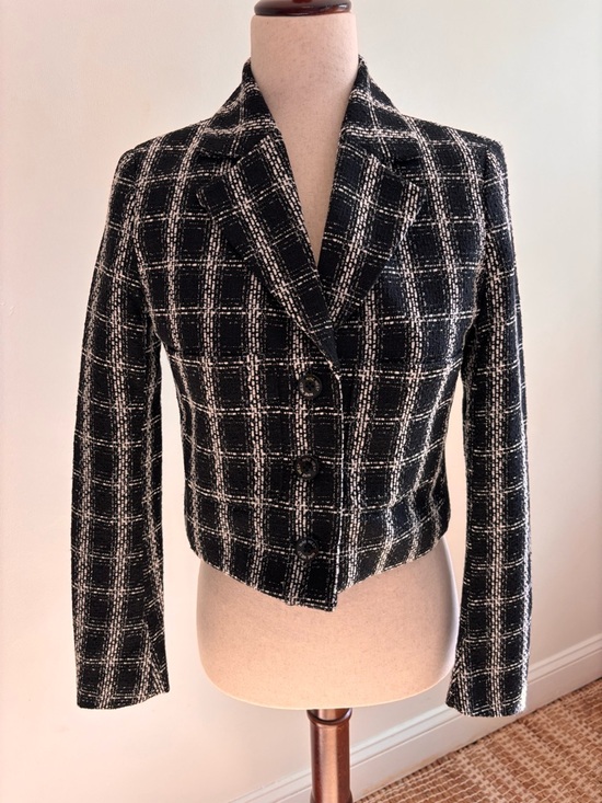 Jackets & Blazers - NWT Nine West XS Black White Tweed Cropped Blazer Plaid Jacket Classic Chic